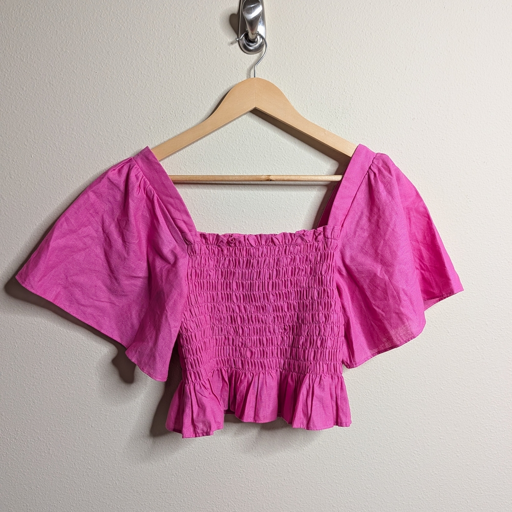 Lulus Smocked Crop Top Pink Linen Blend Puff Sleeve Square Neck Stretch Size M
